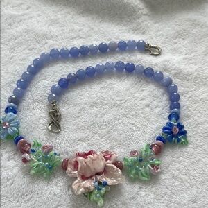Artisan glass necklace with tanzanite beads
